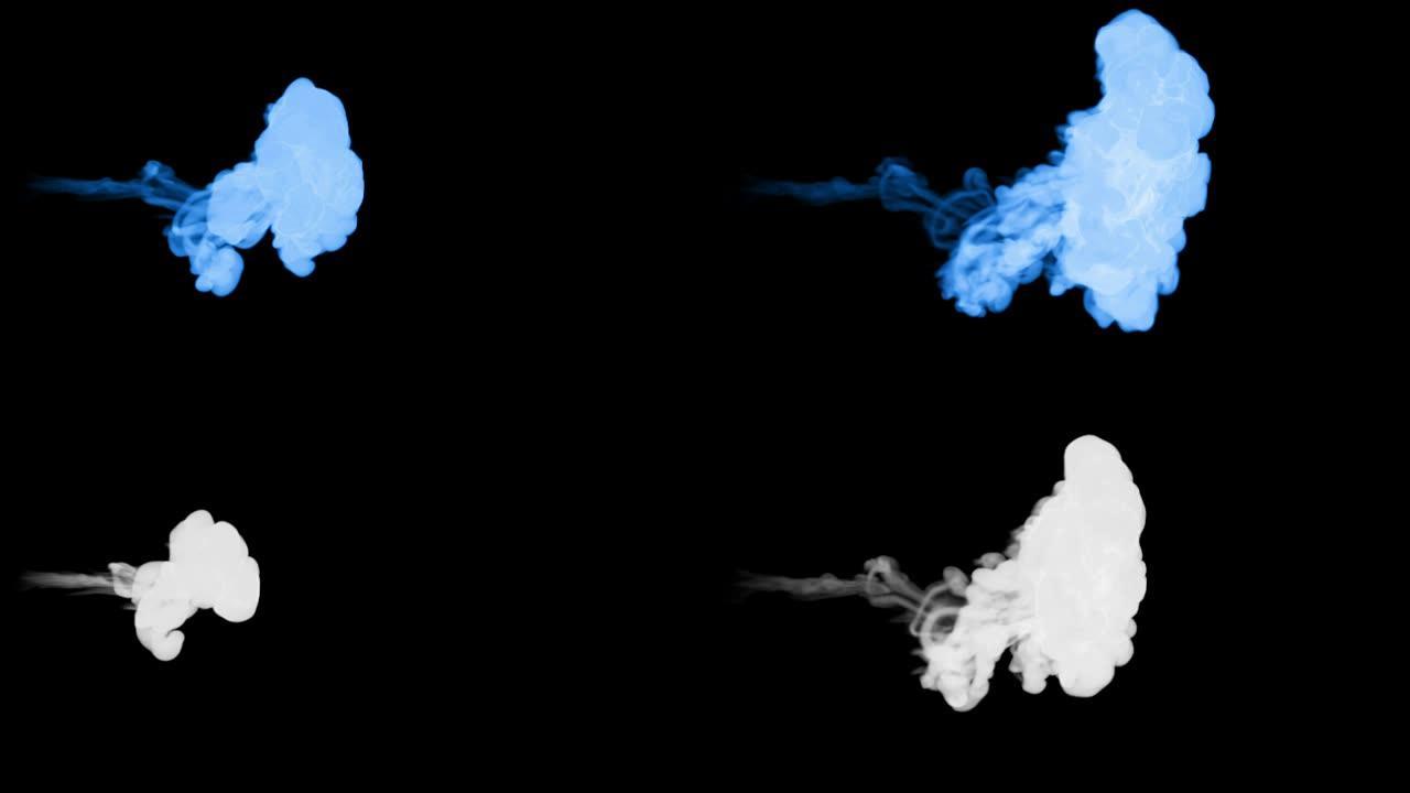 黑色背景上强大的蓝色荧光墨水流从左到右溶解在水中。侧视图。作为阿尔法通道使用亮度哑光