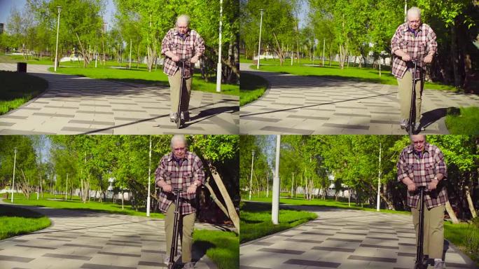 老妇人学骑踏板车