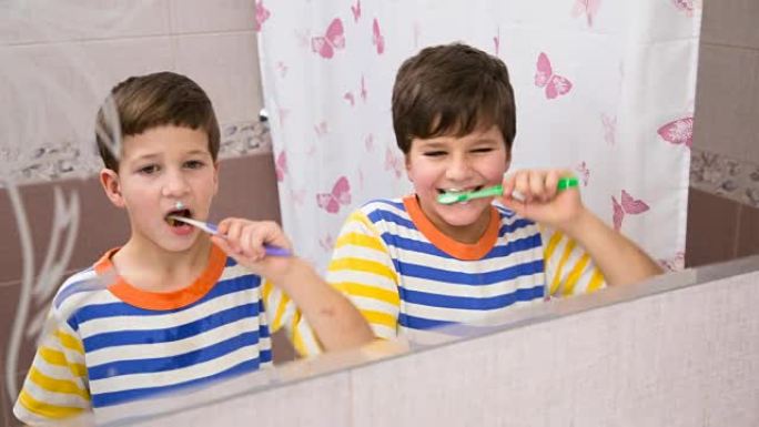 两个兄弟一起清洁牙齿