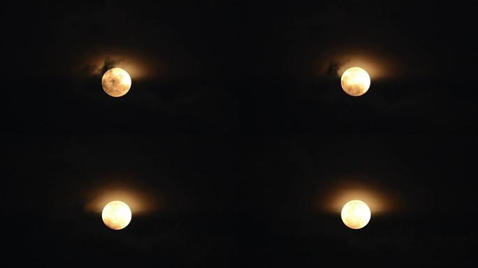 超级满月和烟云，蝙蝠在夜间屏幕上飞出十字月亮