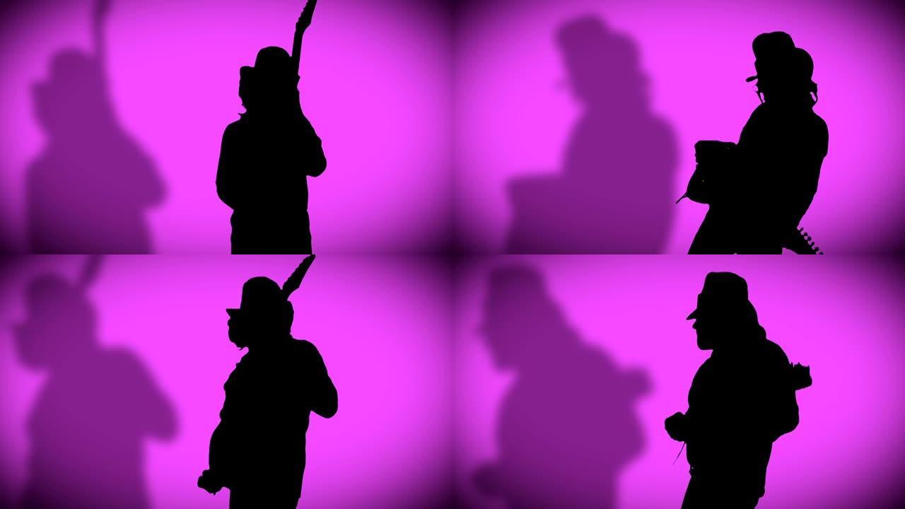 带影子的帽子里的酷摇滚吉他手在紫色背景上弹奏电吉他