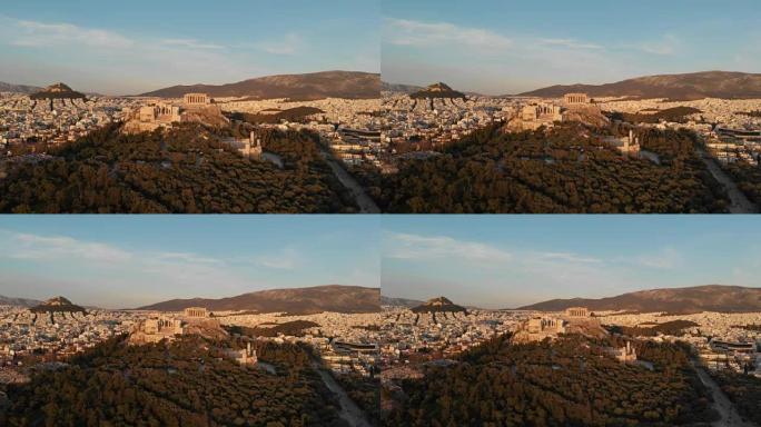 航拍镜头-雅典-希腊-从满是树木的小山上近距离观看雅典卫城