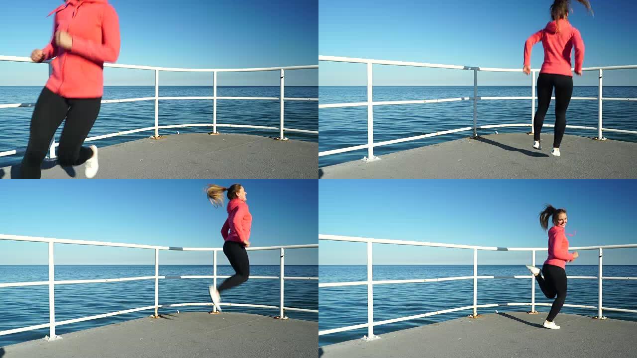 女人慢跑者在海边4k的码头上伸展