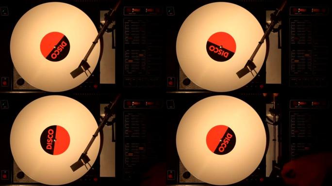 DJ转盘唱机4k上的黑胶唱片特写。