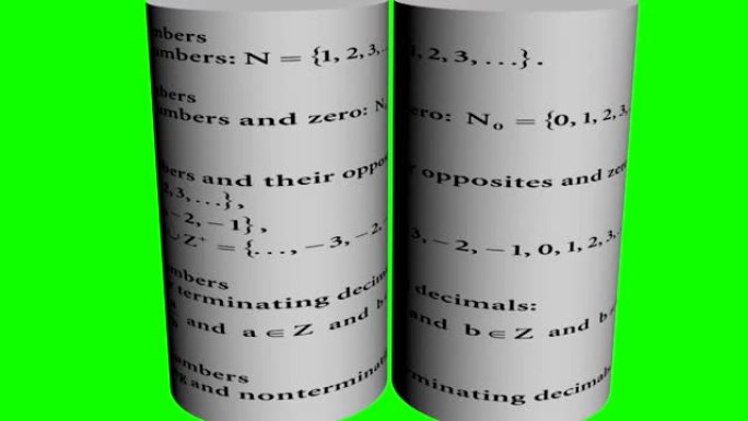 绿色屏幕上两个旋转圆柱体上的数学数值理论和数学符号和符号书写的3d动画
