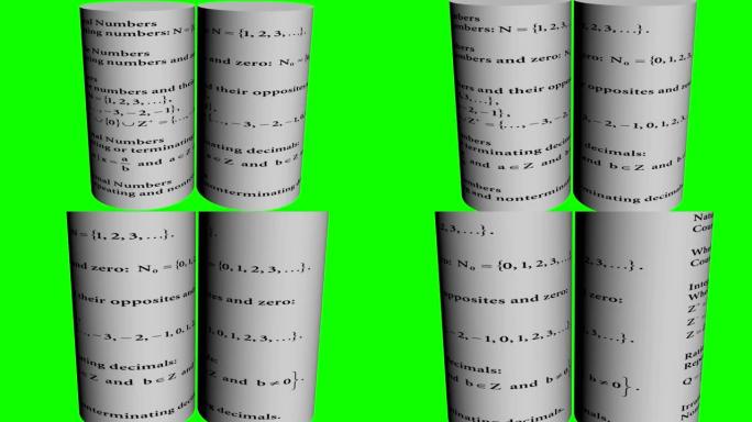 绿色屏幕上两个旋转圆柱体上的数学数值理论和数学符号和符号书写的3d动画