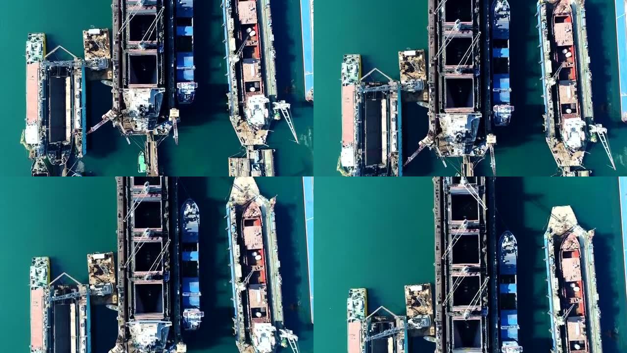 无人机拍摄的船舶在码头俯视图