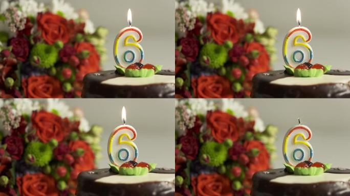 多莉: 6号蜡烛插花和生日蛋糕