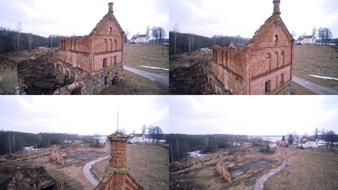 东欧白俄罗斯谢梅托沃镇旧废墟工业建筑的空中无人机镜头