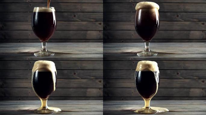 将冷的黑啤酒倒入玻璃杯中。在深色木质背景上。慢动作