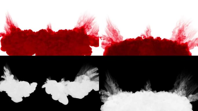 红色墨水溶解在白色背景的水中，亮度哑光。计算机模拟的3d渲染。墨水注入水中。圆形结构3