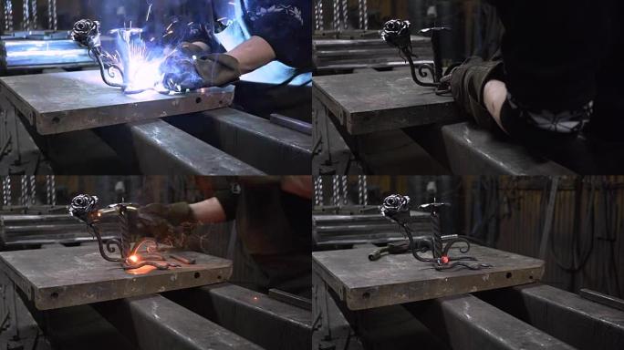 铁匠用玫瑰和马蹄铁制作金属烛台。