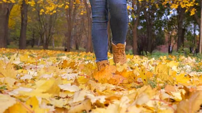 特写穿着靴子的女人腿带着黄色的落叶走向公园