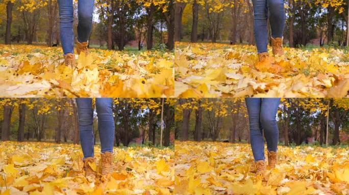 特写穿着靴子的女人腿带着黄色的落叶走向公园