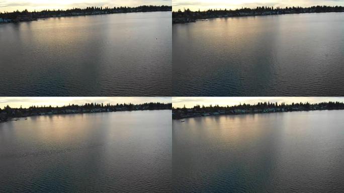 空中无人机在华盛顿西雅图的一个码头和美丽的湖泊上飞行，树木，房屋，云层和日落映入眼帘。