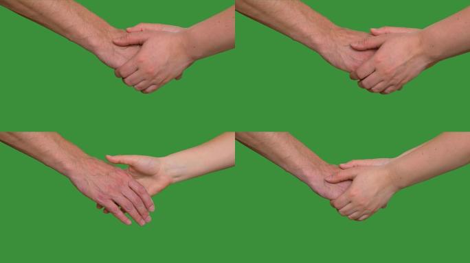 朋友握手。用两只手握手，键控绿色屏幕