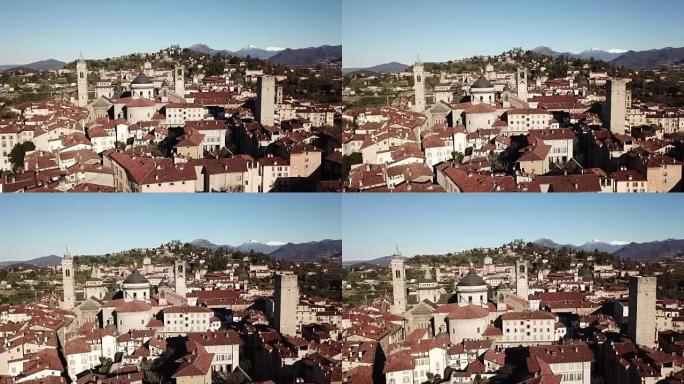 贝加莫老城的无人驾驶飞机鸟瞰图。意大利美丽的小镇之一。在美好的布鲁日期间，市中心及其历史建筑的景观