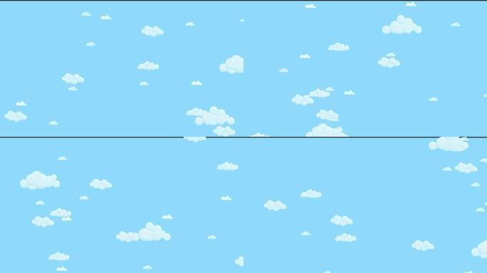 布满云彩的蓝天向下移动。卡通天空背景。平面动画。