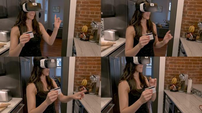 女人在虚拟现实商店中选择穿着VR google的物品