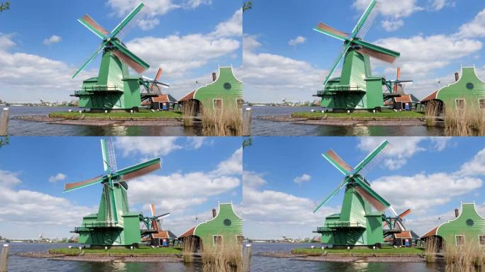 三个传统的荷兰风车早上