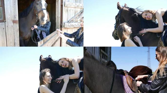 朋友和马之间幸福的时刻。