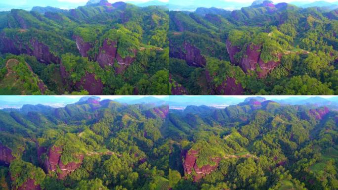 武夷山航拍阳光下的岩茶茶山及丹霞地貌