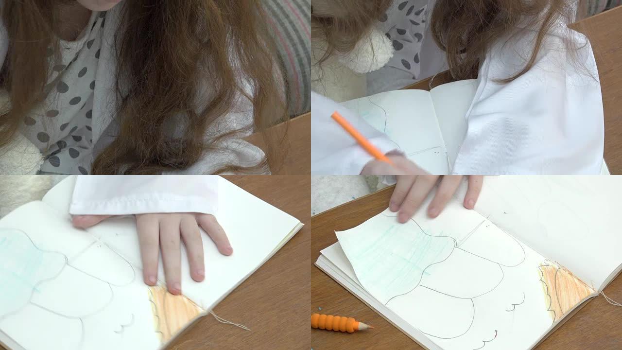 女孩用彩色铅笔绘画