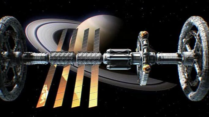 土星背景上的科幻星际飞船