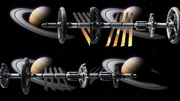 土星背景上的科幻星际飞船