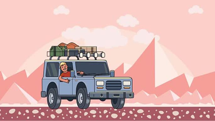 带行李箱的动画汽车在屋顶上，微笑的家伙在方向盘后面穿越沙漠。山顶景观背景上的移动车辆。平面动画。