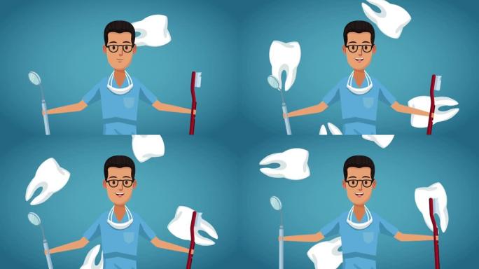 牙医卡通和牙齿卫生高清动画