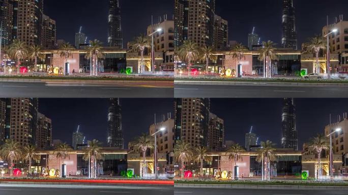 迪拜夜景天际线延时和夜间市区交通高峰时段的街景