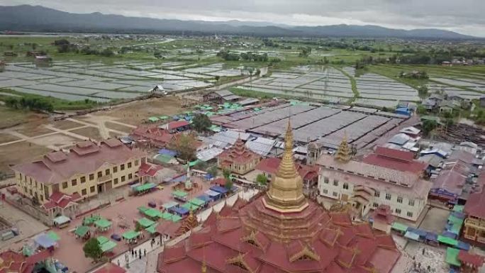 空中无人机拍摄了缅甸因勒湖的古代佛教寺庙。东南亚寺庙上方的无人机