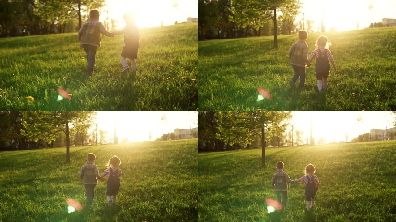 孩子们手牵着手，一起走在草地上，阳光明媚的夏日