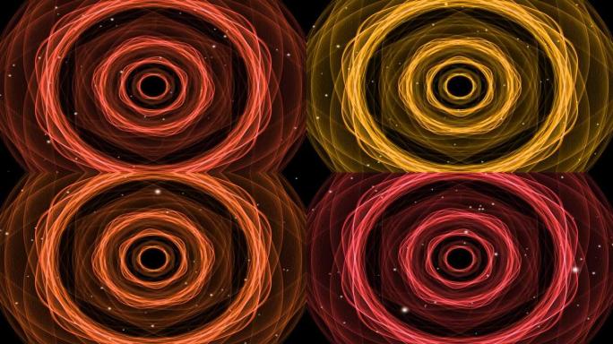 光粒子的发射，奇妙的抽象视频，背景中带有火热的分形形状。变色红色、黄色、橙色