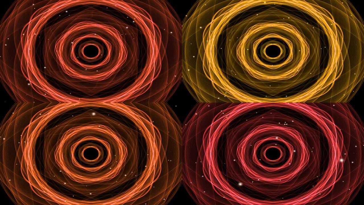光粒子的发射，奇妙的抽象视频，背景中带有火热的分形形状。变色红色、黄色、橙色