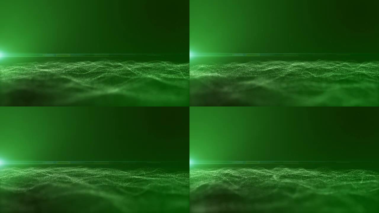 动画的深绿色背景有一个小的白色尘埃颗粒与绿光一起分布。像波浪一样突破。