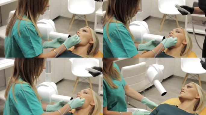 牙医给病人的牙齿照x光的录像
