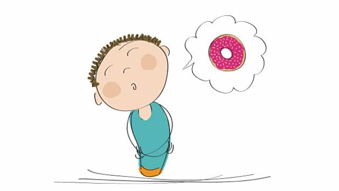 一个饥饿的人思考甜甜圈与粉红色草莓浇头的动画，动画手绘卡通人物
