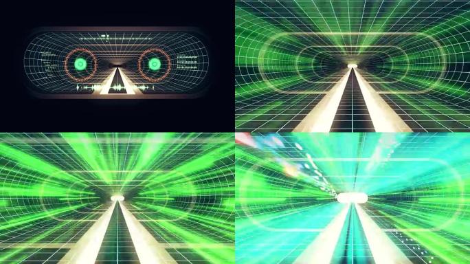 通过虚拟现实霓虹灯网格绿灯准备好单词网络隧道平视显示器界面运动图形动画背景新质量复古未来复古风格酷漂
