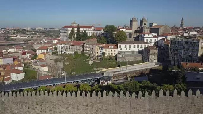 葡萄牙晴天波尔图城市景观空中堡垒墙全景4k