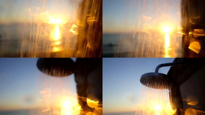 希腊诸岛上有金色日落的淋浴滴
