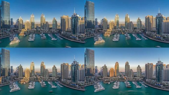 迪拜码头摩天大楼延时，港口有豪华游艇和码头长廊