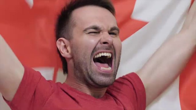 加拿大球迷在慢动作中举着加拿大国旗庆祝，4k，高品质