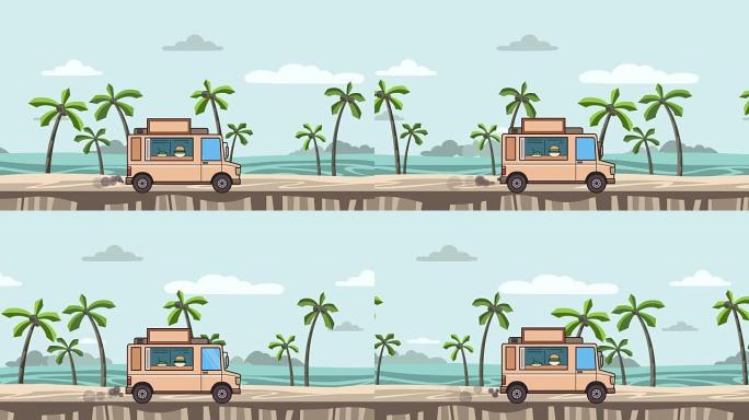 坐在沙滩上的动画餐车。海景上的移动车辆，侧视图。平面动画。
