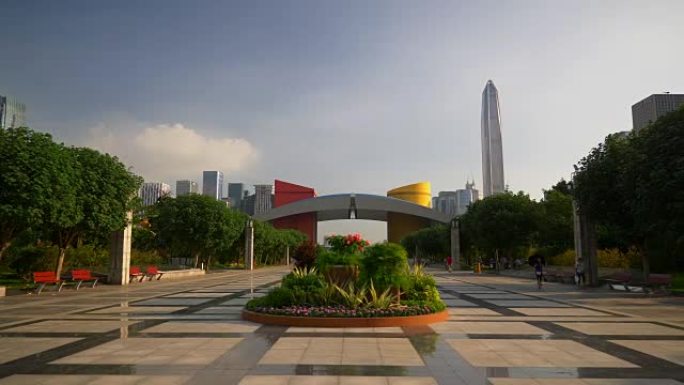 阳光深圳城市威震天市民中心公园广场慢动作步行景观4k中国