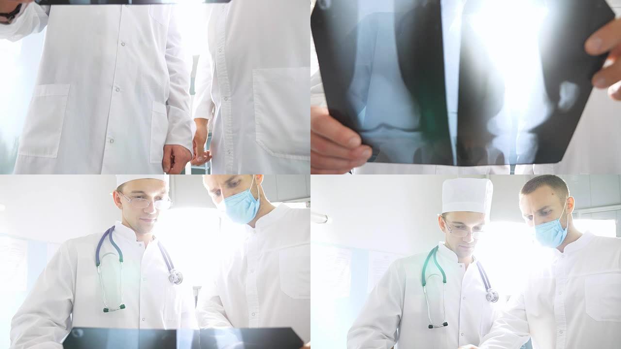 医院办公室的医务人员检查x光照片。男性医生在看x光片的时候会互相商量。两位白种人医生观看核磁共振图像