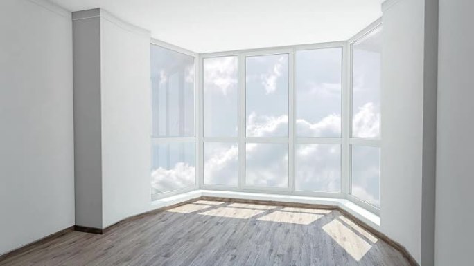 空房间的凸窗，可以看到多云的天空。背景板，色度键视频背景。