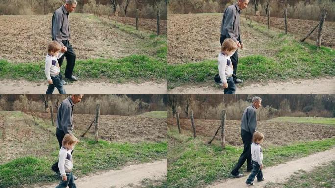 爷爷和孙子一起散步