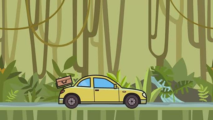 动画轿跑车，后引擎盖上有行李，穿过雨林。在丛林和河流背景上移动掀背车。平面动画。